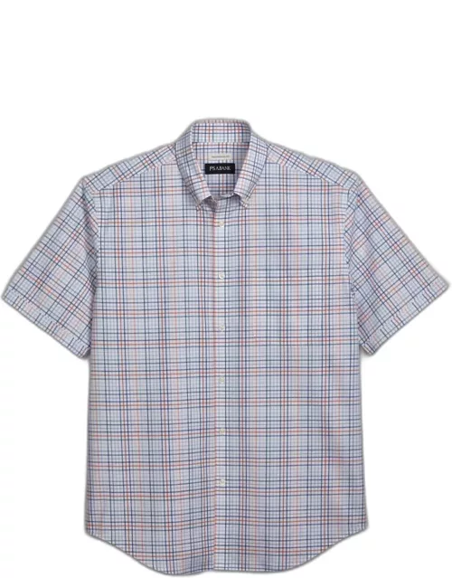 JoS. A. Bank Men's Traditional Fit Button-Down Collar Plaid Short Sleeve Casual Shirt, Coral Pink, Mediu