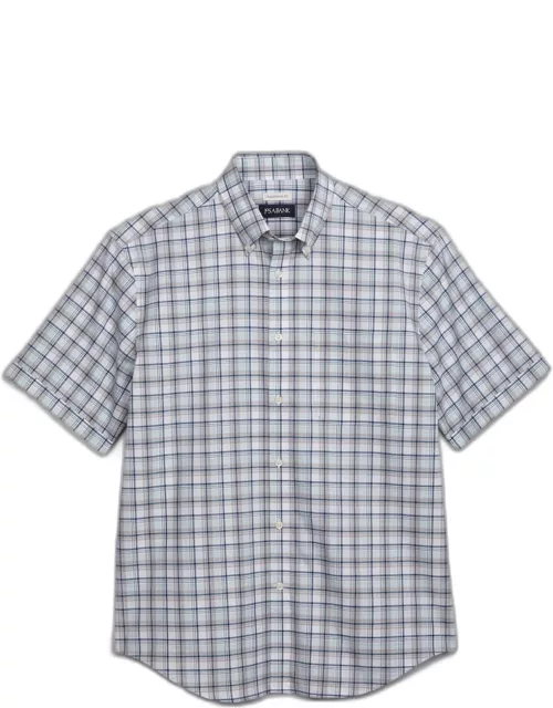 JoS. A. Bank Men's Traditional Fit Button-Down Collar Plaid Short Sleeve Casual Shirt, Teal/Grey, Large
