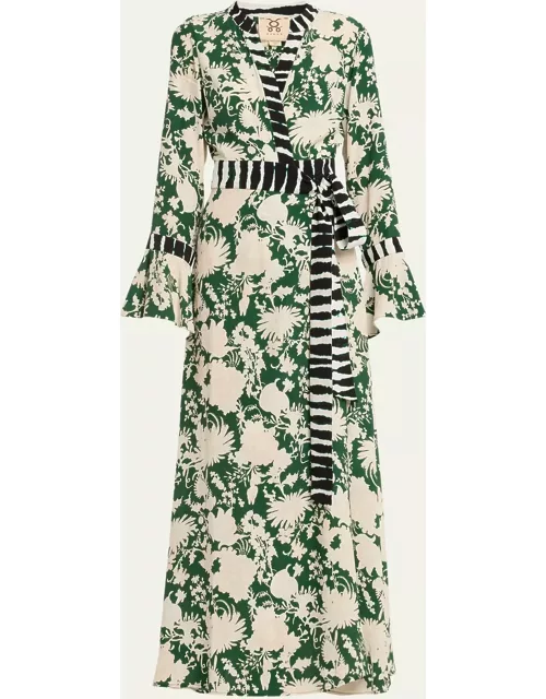 Calliope Mixed-Print Belted Maxi Wrap Dres