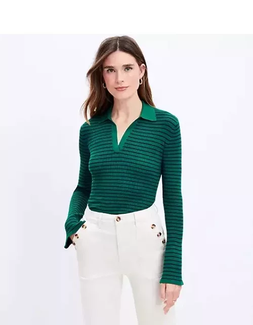 Loft Petite Stripe Ribbed Flare Sleeve Polo Sweater