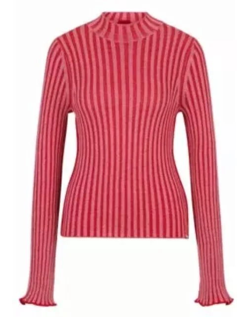 Mock-neck sweater in ribbed cotton with frilled seams- light pink Women's Sweater
