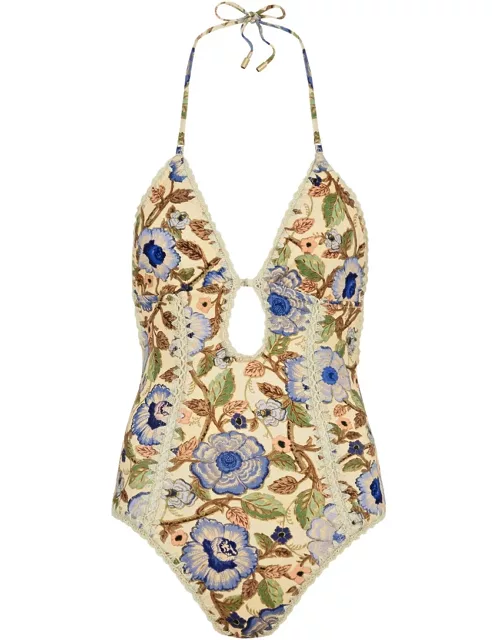 Zimmermann Junie Floral-print Halterneck Swimsuit - Blue - 1 (UK 10 / S)