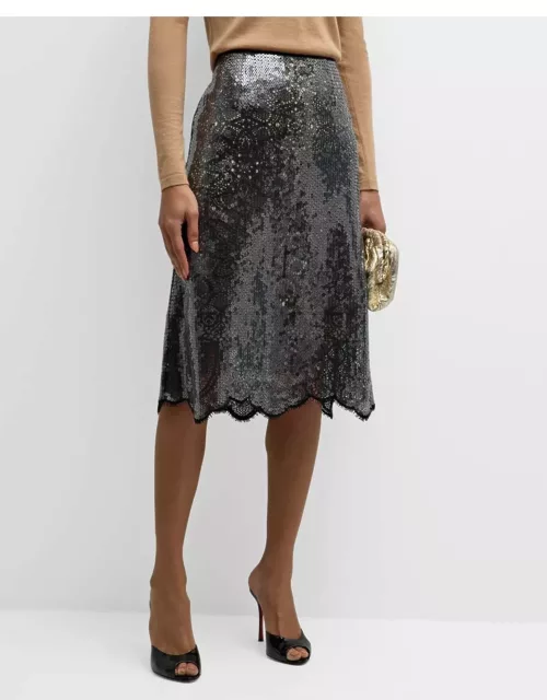 Scalloped Sequin Lace Midi Skirt