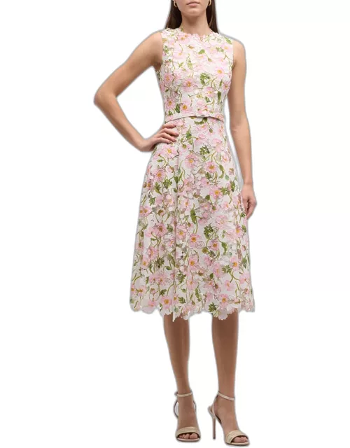 Poppies-Print Guipure Belted Sleeveless Midi Dres