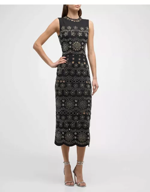 Crystal Eyelet Embroidered Midi Pencil Dres
