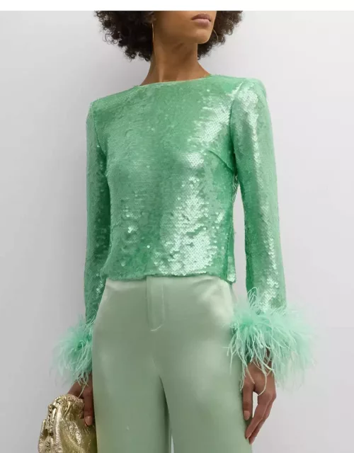 Sequin Long-Sleeve Feather-Cuff Top