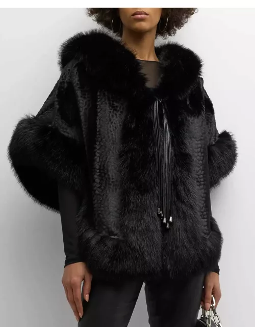 Hooded Faux Fur Poncho with Leather String