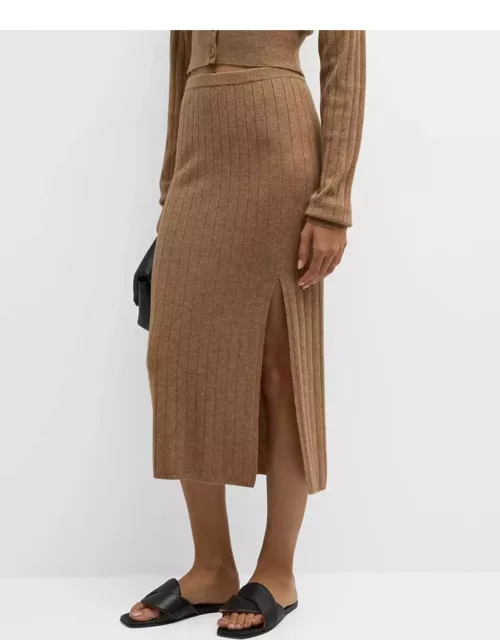 Ribbed Side-Slit Wool-Cashmere Midi Skirt
