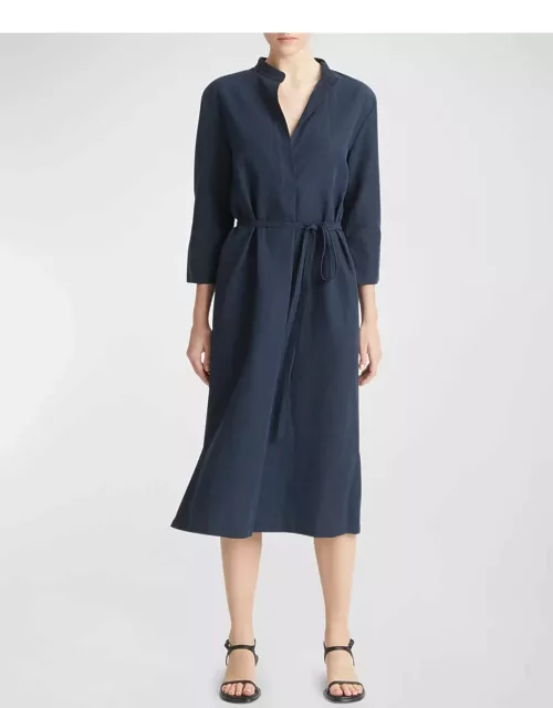 Band-Collar Cotton and Linen Belted Midi Dres