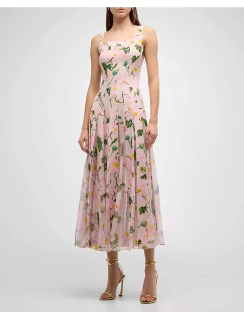 Square-Neck Painted Poppies Pleated Cady Sleeveless Midi Dres