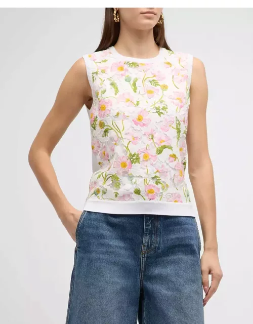 Floral-Print Botanical Lace-Inset Knit Tank Top