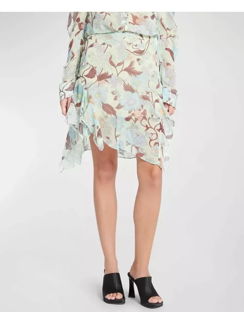 Garden-Print Asymmetric Chiffon Mini Skirt