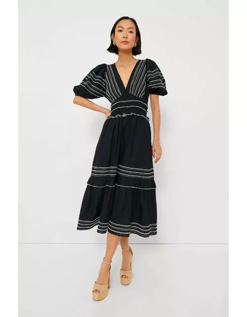 Black Mable Cambric Puff Sleeve Midi Dres
