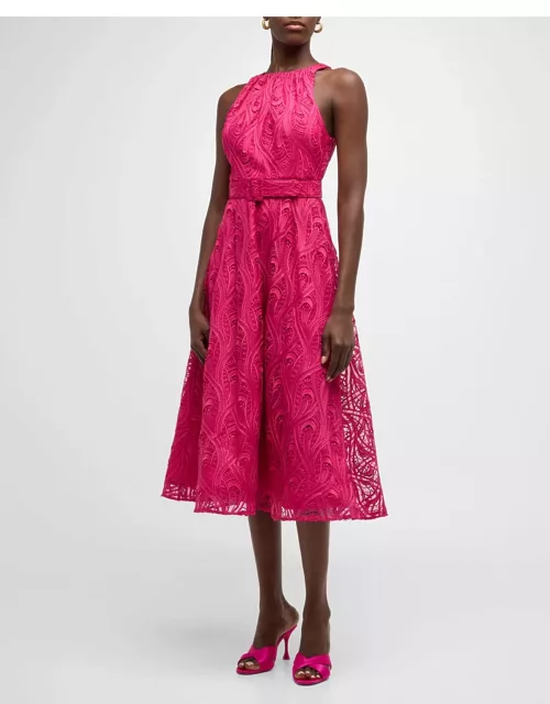 Sleeveless Belted Halter Lace Midi Dres