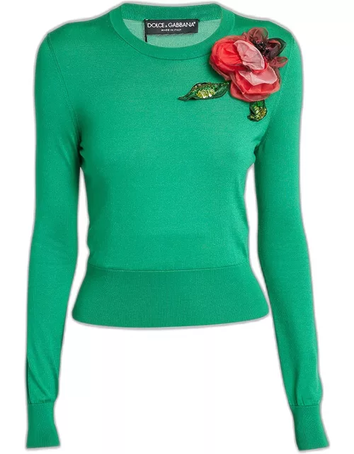 Silk Knit Sweater with Floral Applique Detai
