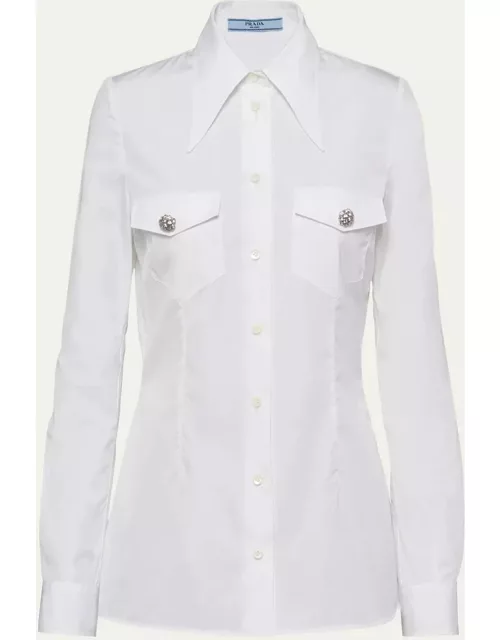 Poplin Long-Sleeve Top with Crystal Button