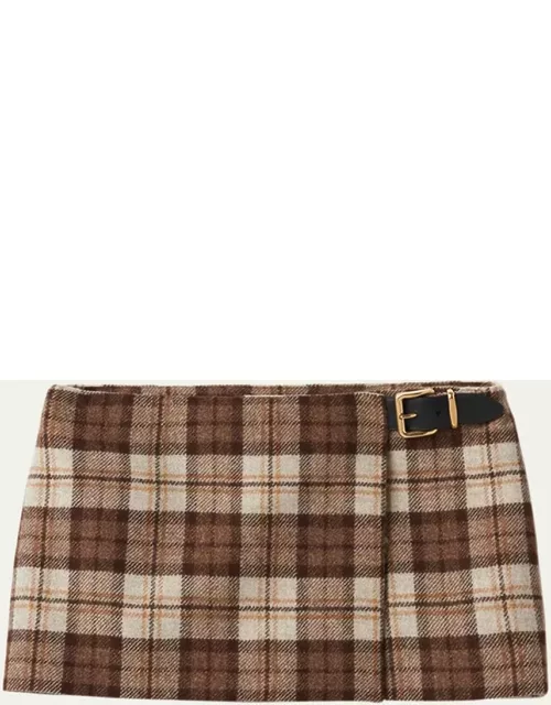 Belted Plaid Wool Mini Skirt