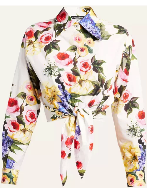 Floral Print Cropped Poplin Shirt with Front Tie