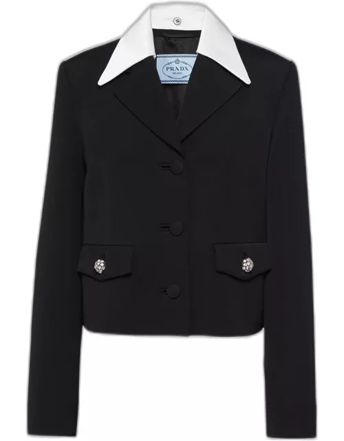 Satin Collar Wool Jacket with Crystal Button