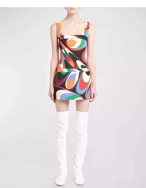 Abstract-Print Sleeveless Drop-Waist Mini Dres
