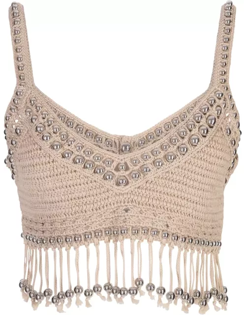 Paco Rabanne Beige Crochet Top With Pearl