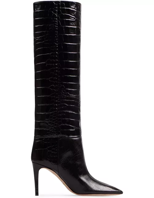 Paris Texas Charcoal Leather Stiletto Boots With Crocodile Print