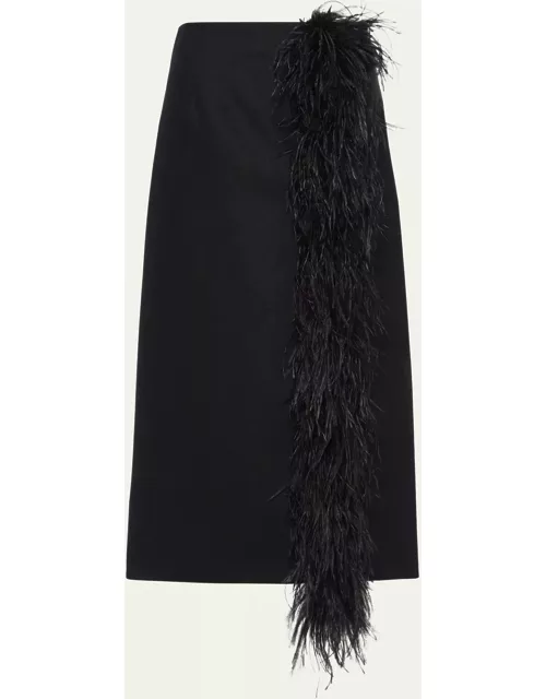Feather-Trimmed Wool Midi Skirt