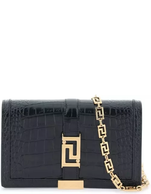 VERSACE croco-embossed leather greca goddes crossbody bag