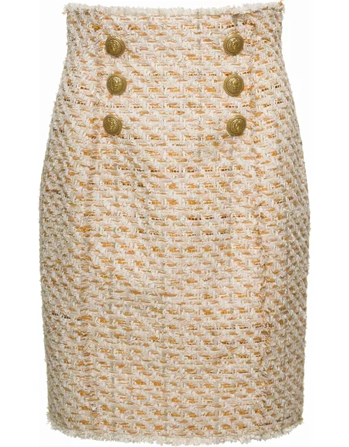 Balmain Tweed Skirt With Front Golden Button