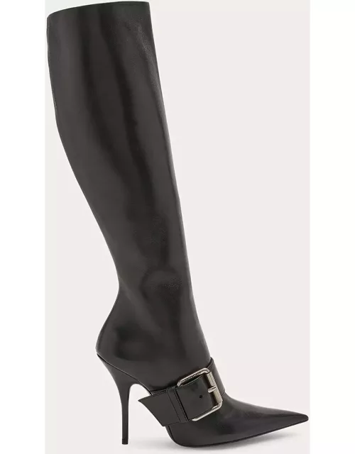 Leather Buckle Stiletto Knee Boot