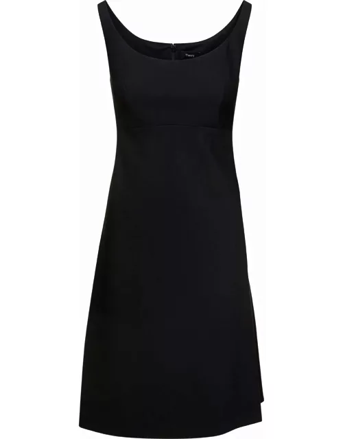 Theory Mini Black Flared Dress With U Neckline In Wool Blend Woman