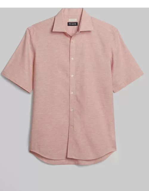 JoS. A. Bank Men's Tailored Fit Linen Blend Short Sleeve Casual Shirt, Coral Pink, Large
