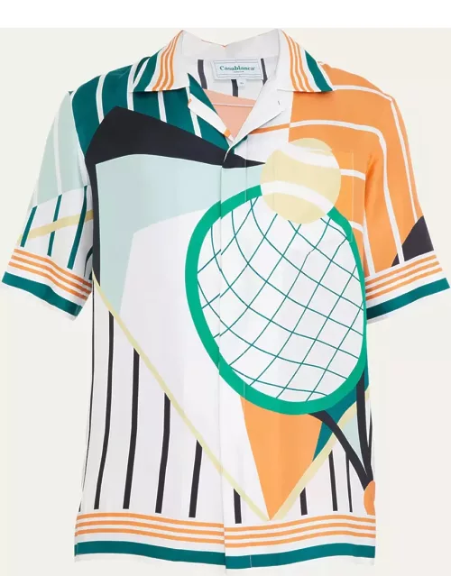 Men's Abstract Tennis-Print Silk Camp Shirt