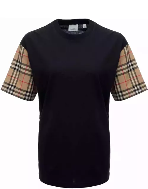 Burberry Black Cotton T-shirt With Vintage Check Sleeve