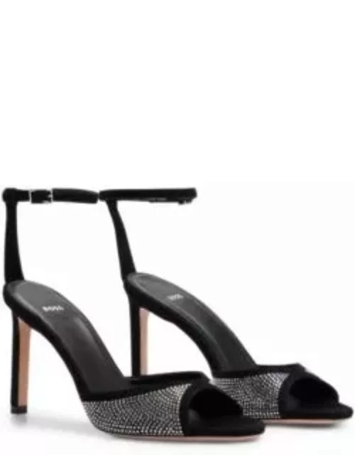 Suede sandals with crystal studs and buckle- Black Women's Pump