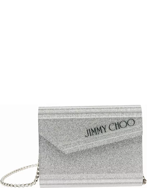 Jimmy Choo Silver Compact Clutch Bag With Chain And Logo Detail In Glitter Acrylic Woman