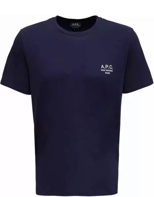A.P.C. Raymond Navy Blue T-shirt In Organic Cotton With Logo Print On The Chest