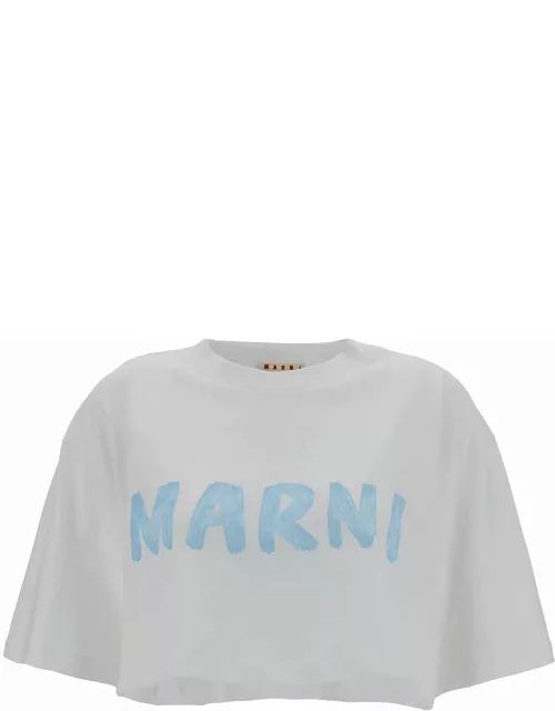 Marni White Cropped T-shirt With Logo Print In Cotton Woman