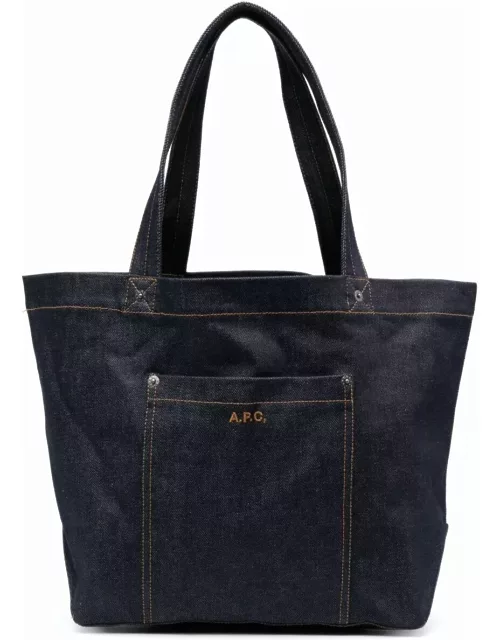 A.P.C. thais Blue Tote Bag With Logo Embroidery And Front Pocket In Cotton Blend Denim Woman