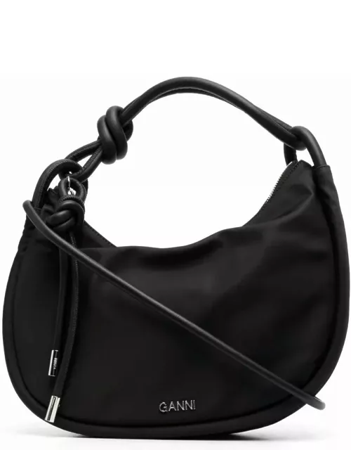 Ganni Black Knotted Top-handle Bag With Logo In Polyester Woman