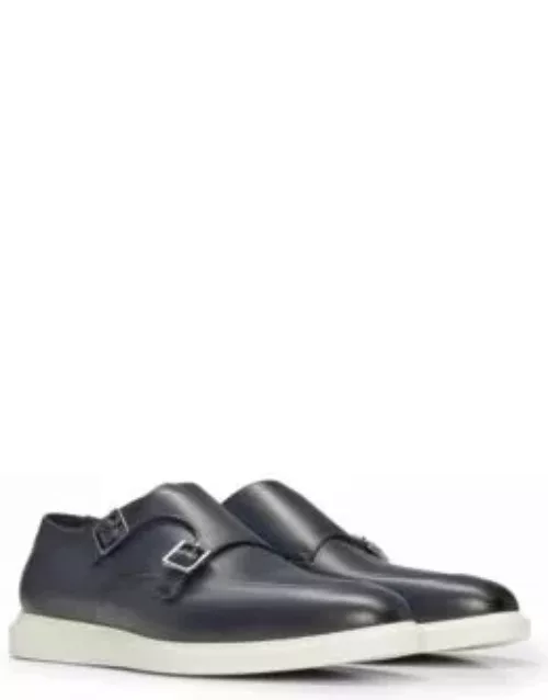 Leather monk shoes with contrast outsole and double strap- Dark Blue Men's Wear To Work