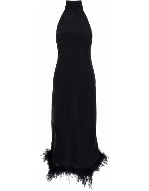 Oseree Long Black Dress With High Neck And Feathers In Lurex Woman