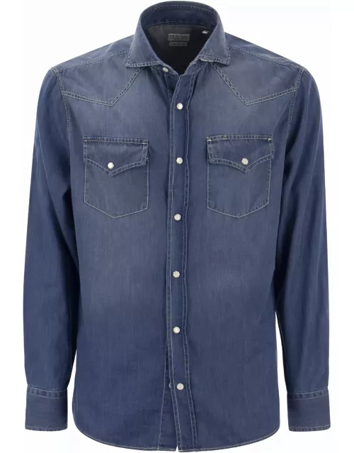 Brunello Cucinelli Easy Fit Shirt In Light Denim With Press Stud