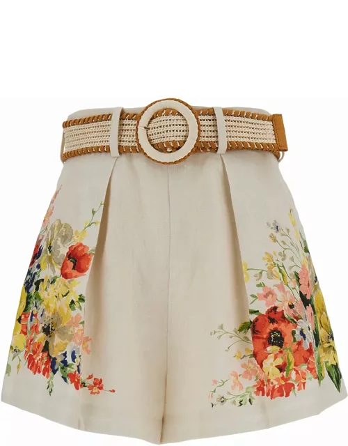 Zimmermann White Shorts With Floreal Print And Belt In Linen Woman