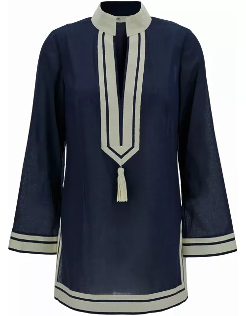 Tory Burch Blue Tunic With Contrasting Details And Tassel In Cotton Woman
