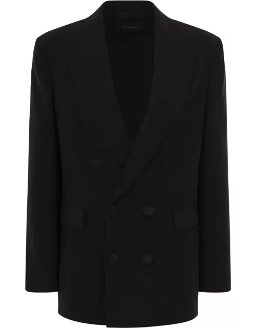 The Andamane harmony Black Double-breasted Jacket With Covered Buttons In Crepe Satin Woman