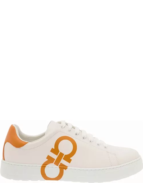 Ferragamo White Low Top Sneakers With Gancini Logo Print In Leather Man