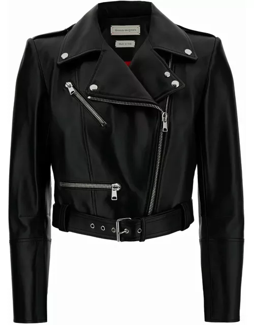 Alexander McQueen Black Cropped Biker Jacker With Matching Belt In Smooth Leather Woman