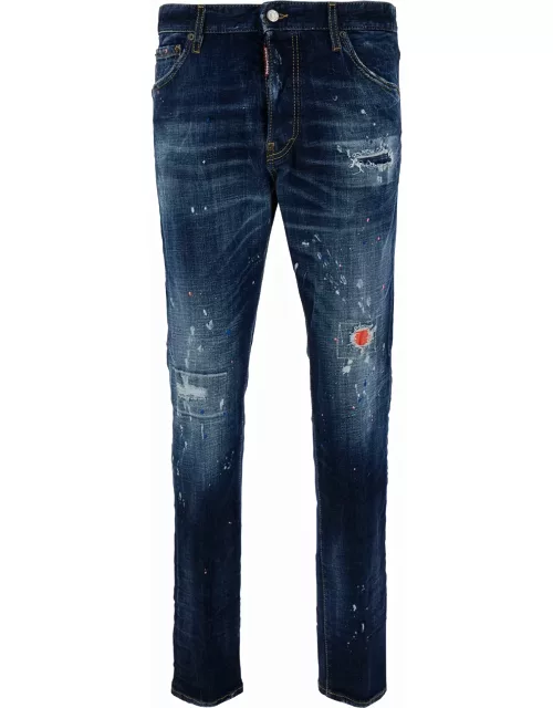 Dsquared2 cool Guy Blue Five-pocket Jeans With Rips And Paint Stains In Stretch Cotton Denim Man