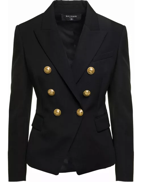 Balmain Black Double-breasted Jacket With Branded Buttons And Asymmetric Cut In Wool Woman